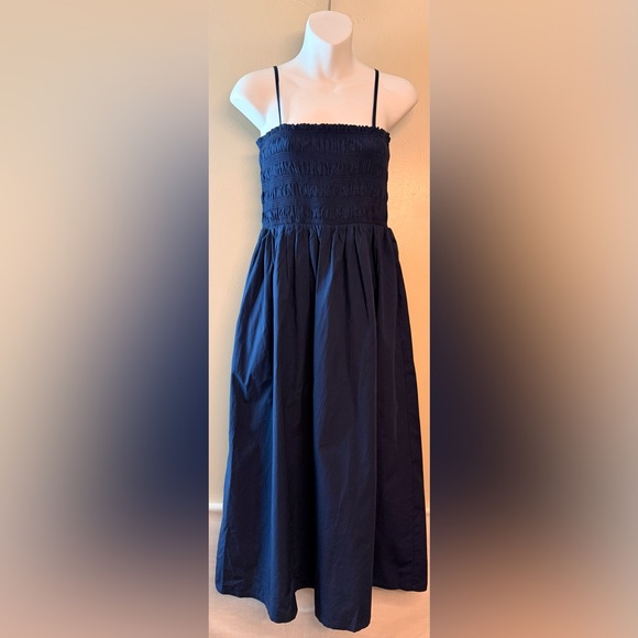 LOFT Poplin Smocked Strappy Maxi Pocket  Navy‎ Blue Midi Dress size Medium - Picture 4 of 10
